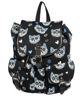 Banned Apparel Black Day of the Dead Sugar skull cat Cotton Canvas Backpack Ruckasack