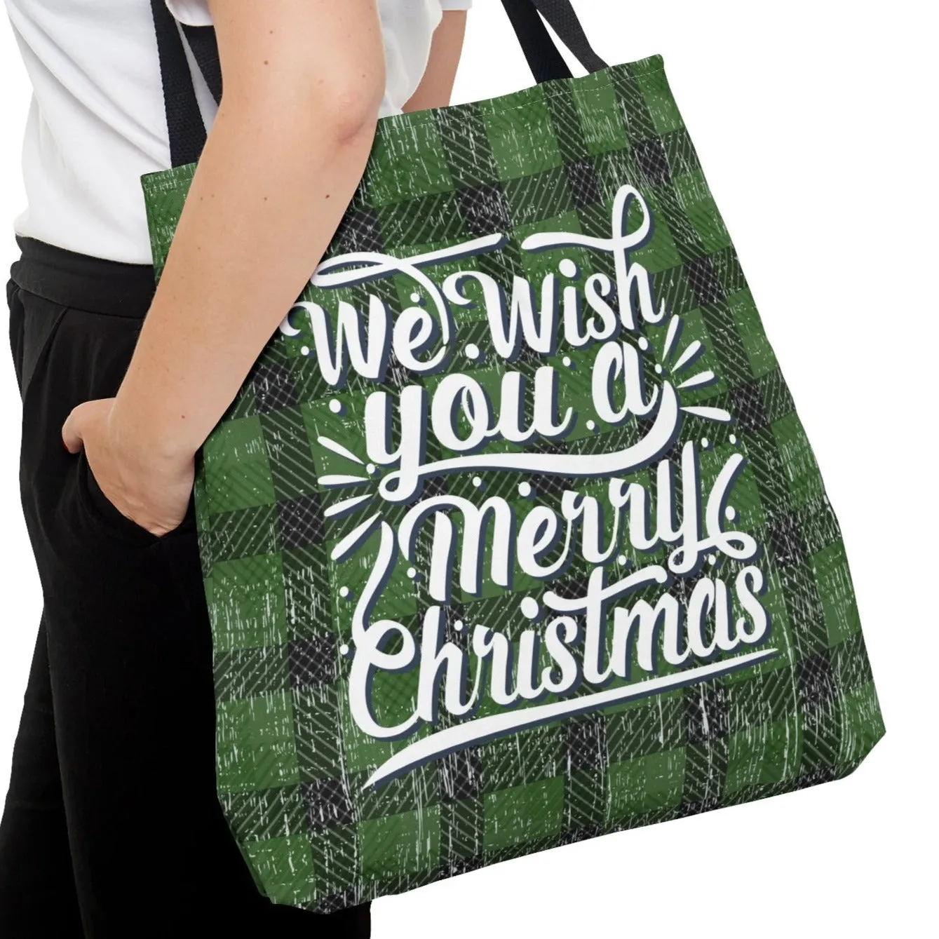 Green and Black Merry Christmas Large Tote Bag: Festive Holiday Carryall
