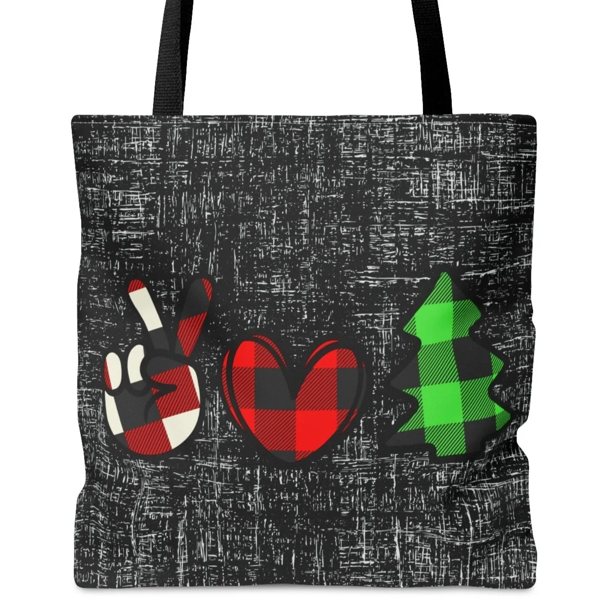 Peace, Love, and Christmas Symbols on Black Large Tote Bag: Festive Holiday Carryall