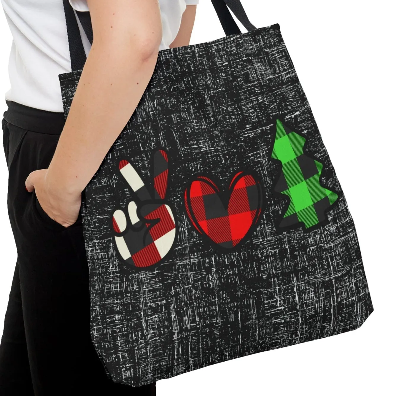 Peace, Love, and Christmas Symbols on Black Large Tote Bag: Festive Holiday Carryall