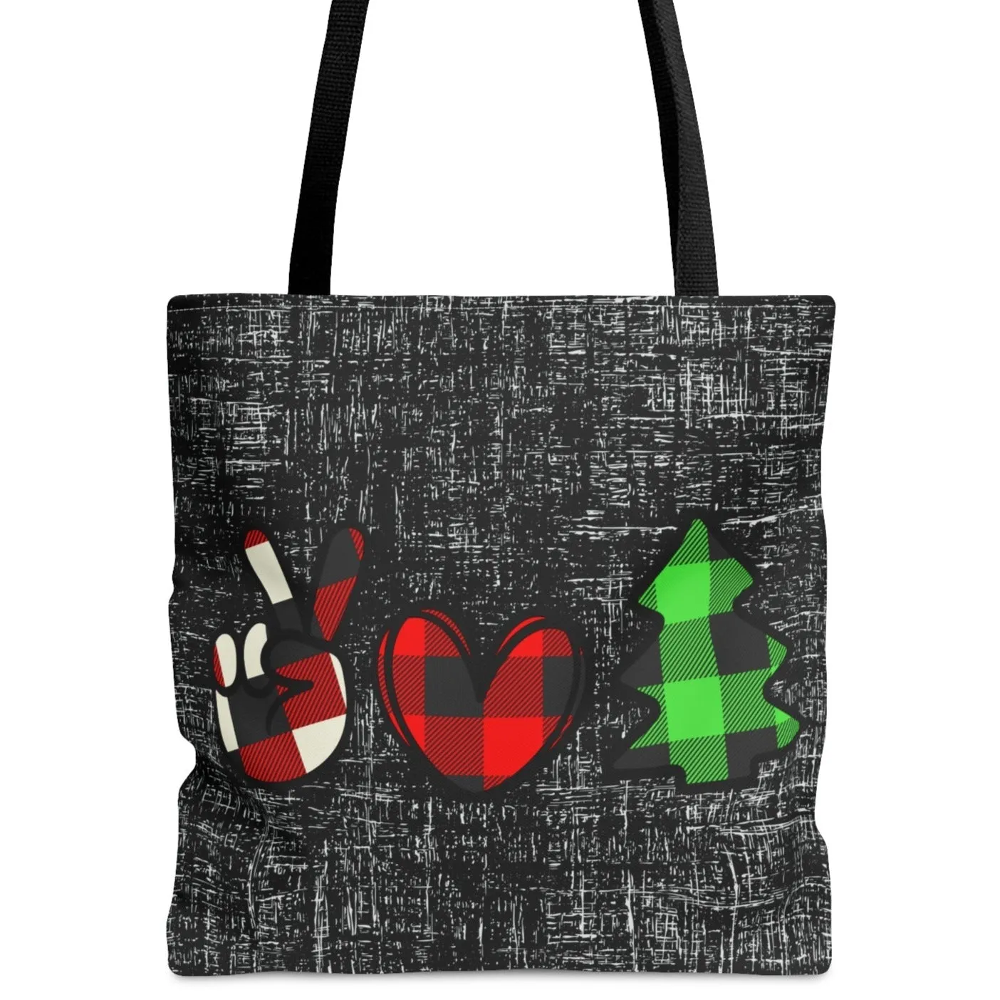 Peace, Love, and Christmas Symbols on Black Large Tote Bag: Festive Holiday Carryall