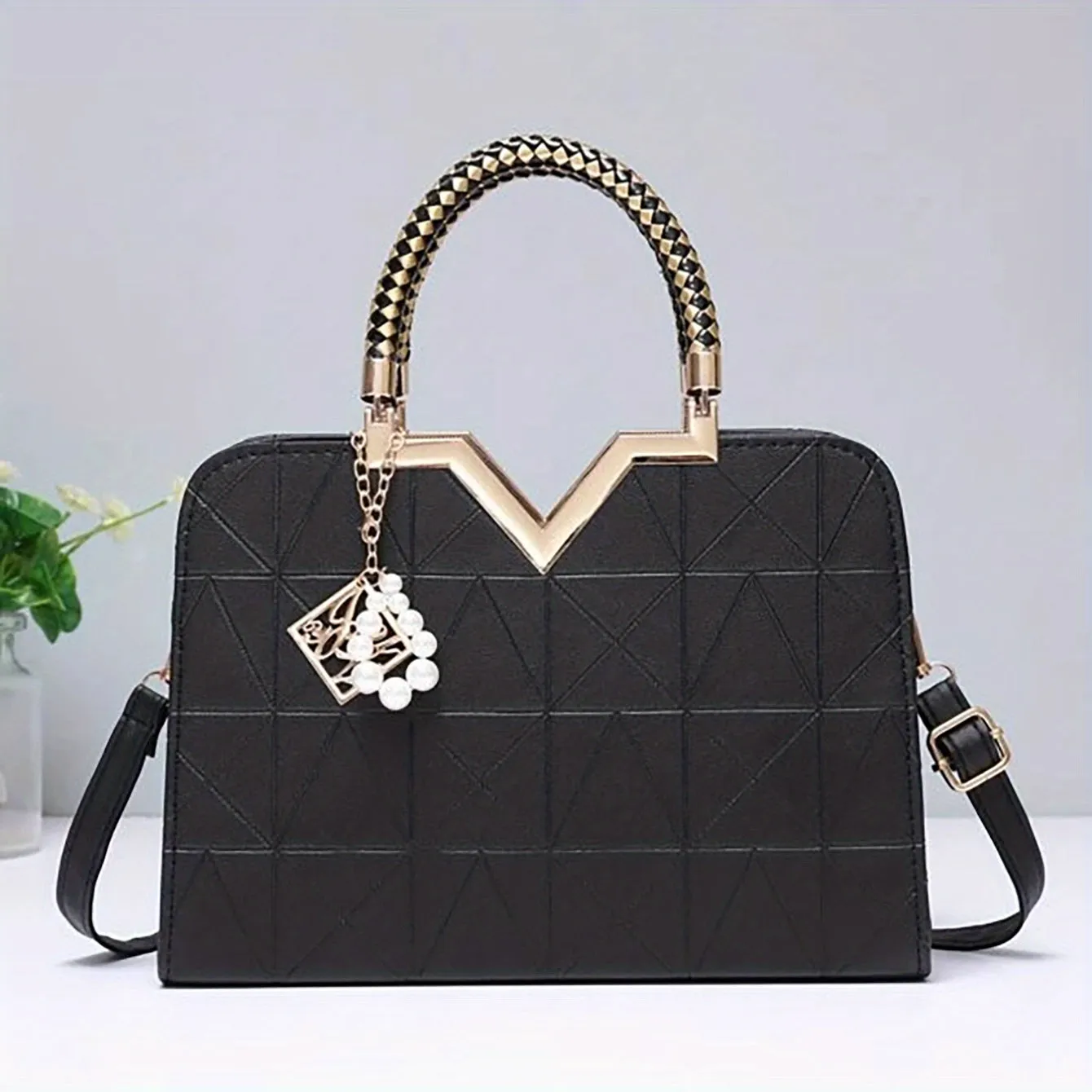 realaiot  Geometric Embossed Handbag For Women, Fashion Hard Shell Crossbody Bag, Elegant Satchel Purse With Pendant