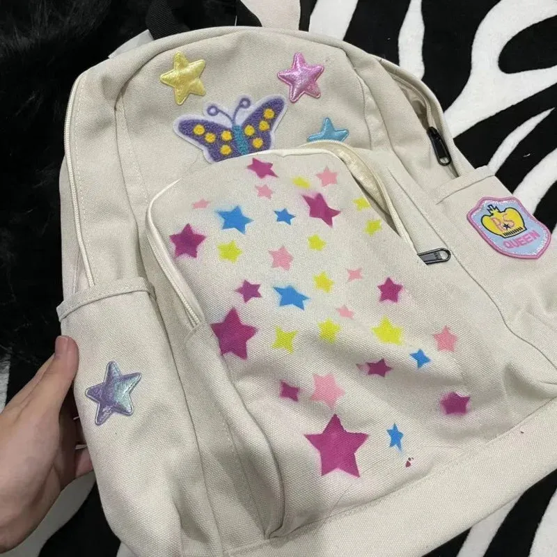 UAKISS  -  Fashion Y2K Canvas Backpacks for Women Subculture Star Print School Bags High-capacity Butterfly Rucksack Teenage Girls Bolsos