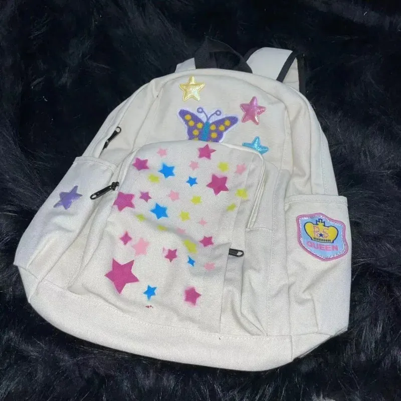 UAKISS  -  Fashion Y2K Canvas Backpacks for Women Subculture Star Print School Bags High-capacity Butterfly Rucksack Teenage Girls Bolsos