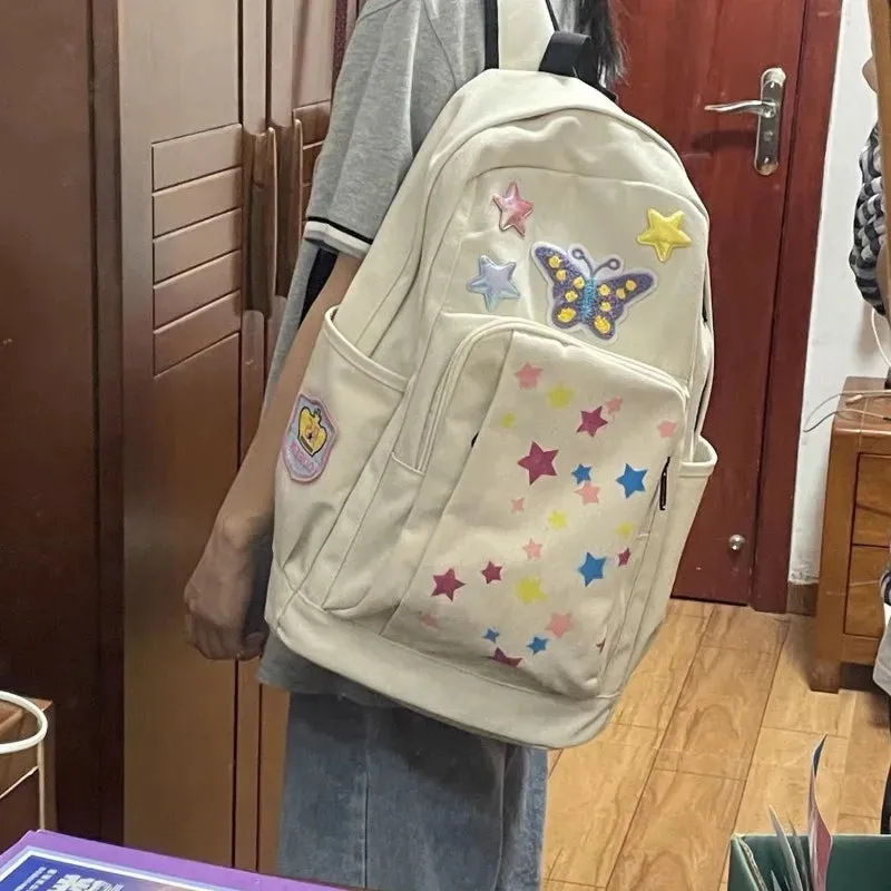 UAKISS  -  Fashion Y2K Canvas Backpacks for Women Subculture Star Print School Bags High-capacity Butterfly Rucksack Teenage Girls Bolsos