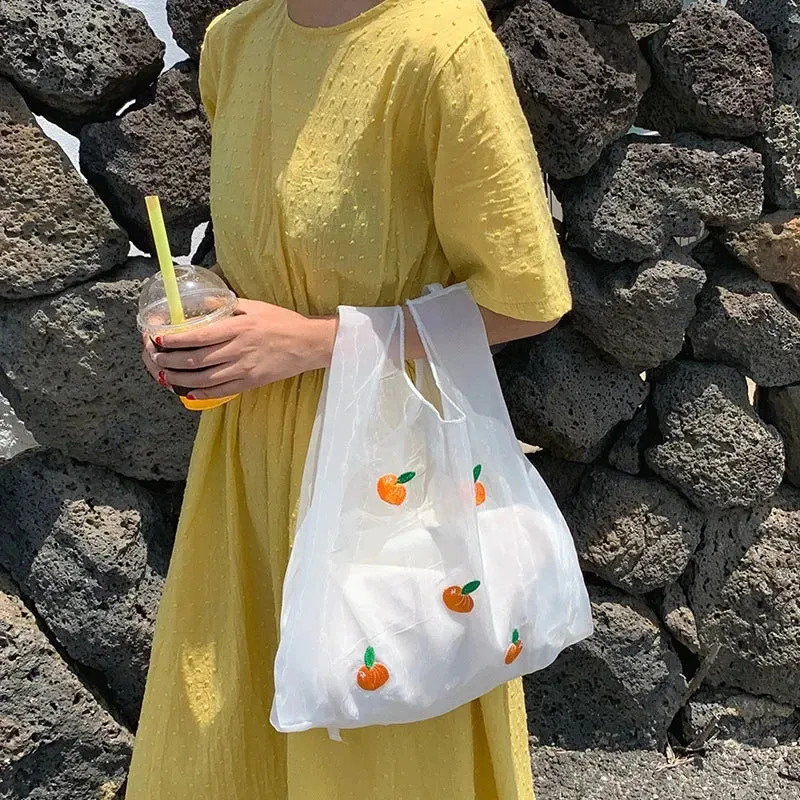 UAKISS  -  Japanese Fresh Organza Women's Handbag Fruit Embroidery Translucent Ladies Shoulder Bag Girl Portable Shopping Tote