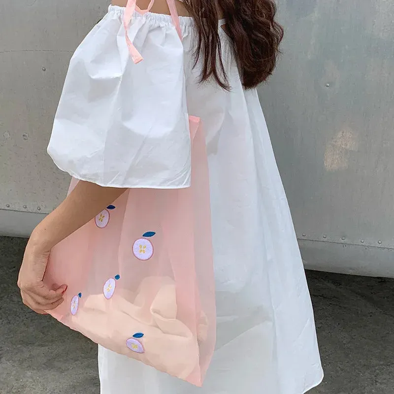 UAKISS  -  Japanese Fresh Organza Women's Handbag Fruit Embroidery Translucent Ladies Shoulder Bag Girl Portable Shopping Tote
